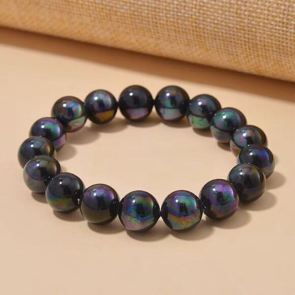 Peacock Color Shell Pearl 12mm Stretch Bracelet New - Picture 2 of 4